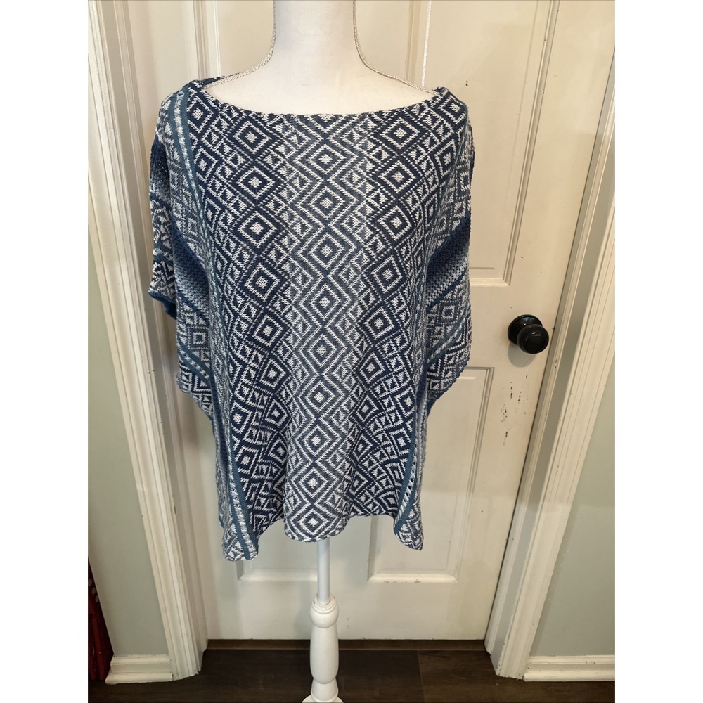 Lauren Ralph Lauren Women's Blue Ikat Poncho Sweater Top Size‎ Large Linen Blend
